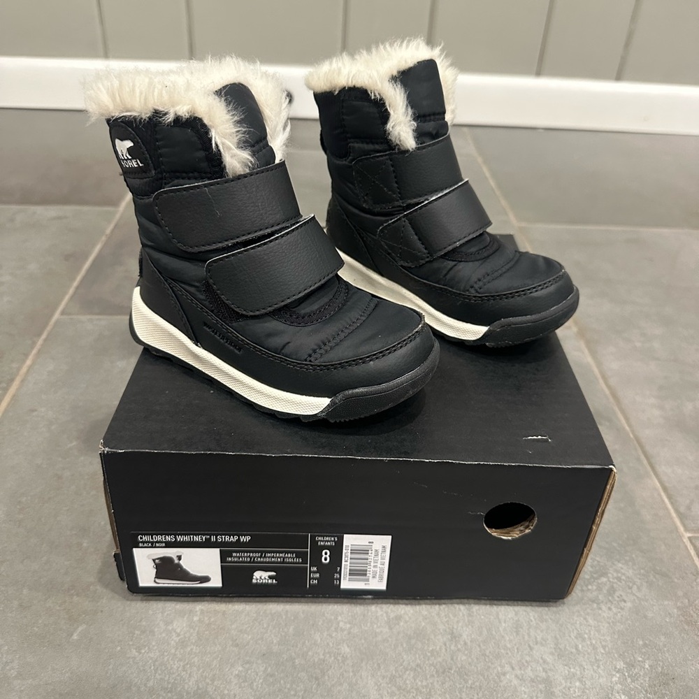Sorel Black and White Kids' Winter Boots with Fur